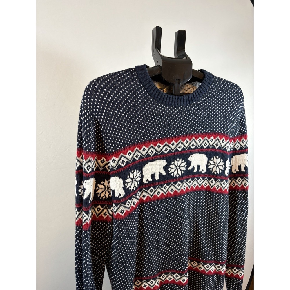 Aspen Mens Large Polar Bear Snow Fair Isle Blue Long Sleeve Sweater Cotton Crew - Picture 3 of 8